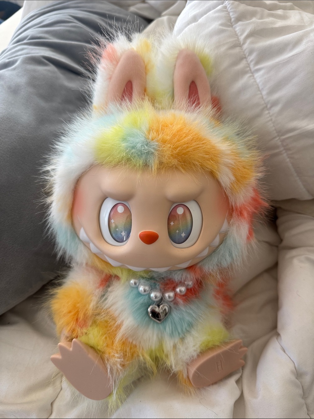 Labubu Plush Rainbow Bunny Figurine Plush Toy with Heart Charm